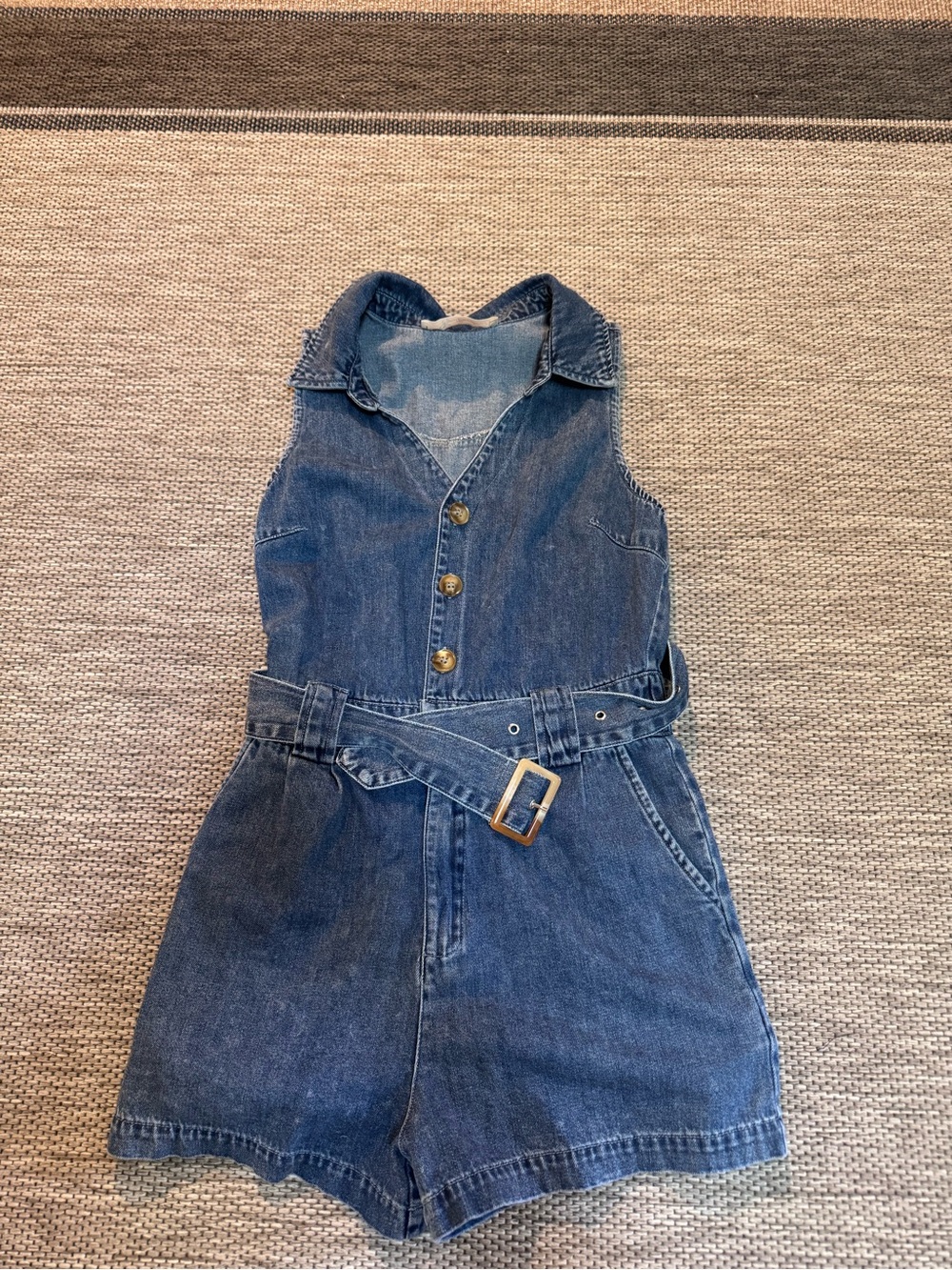 Classic Blue Denim One-Piece Romper with Belt